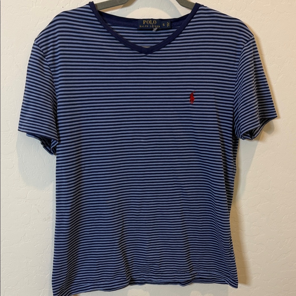 Polo by Ralph Lauren Navy and Light Blue Striped V-Neck Tee with Red Logo